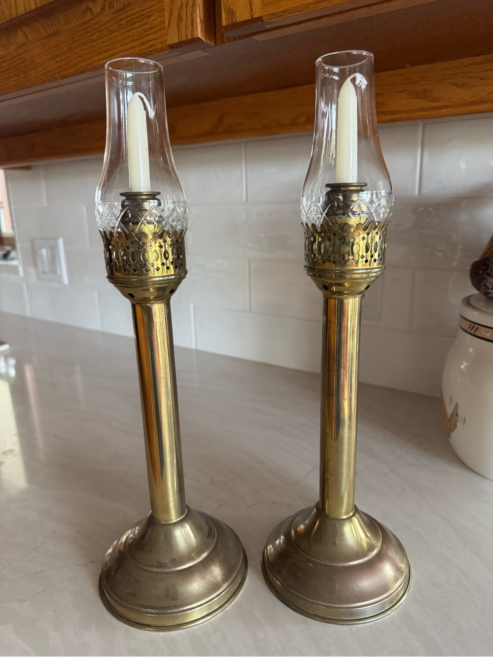 Pair of vintage Brass Spring Loaded  Candle Lamps cut  Glass Chimney 15.5” tall